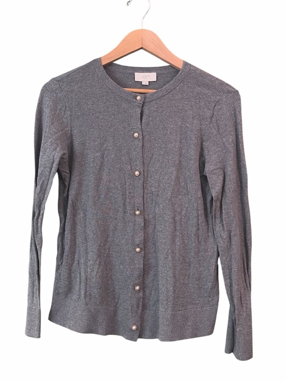 LOFT Grey Crewneck Pearl Gold Button Cardigan Sweater Sz M